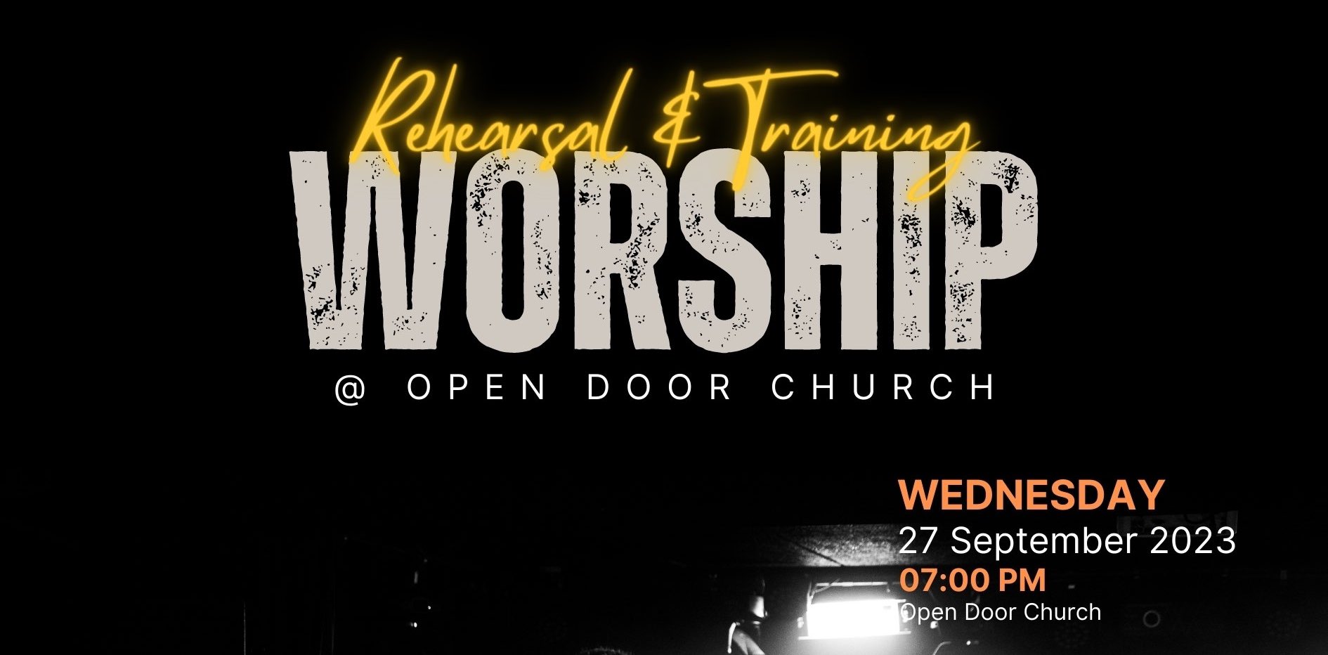 A graphic showing the details for a worship rehearsal and training night at open door church in maple ridge, bc.